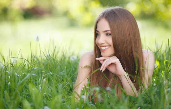 Picture greens, summer, grass, look, girl, light, face, pose