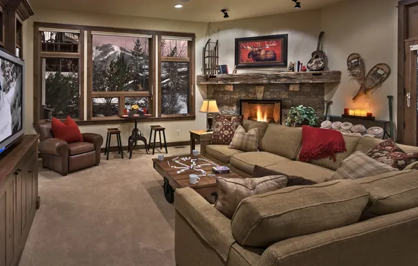 Design, style, heat, interior, Colorado, fireplace, living room, cozy