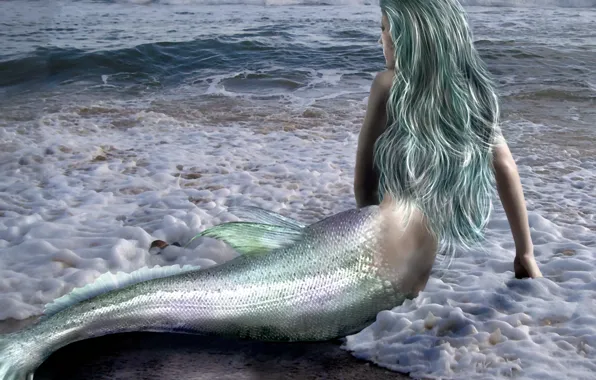 Sea, wave, girl, fiction, hair, back, mermaid, hands