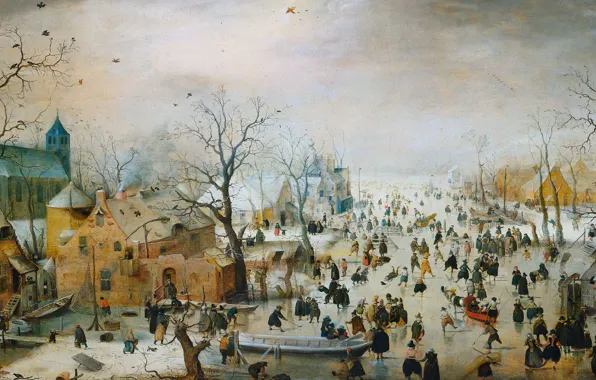 Picture oil, picture, 1609, Hendrick Avercamp, Hendrick Avercamp, Winter landscape with ice entertainment