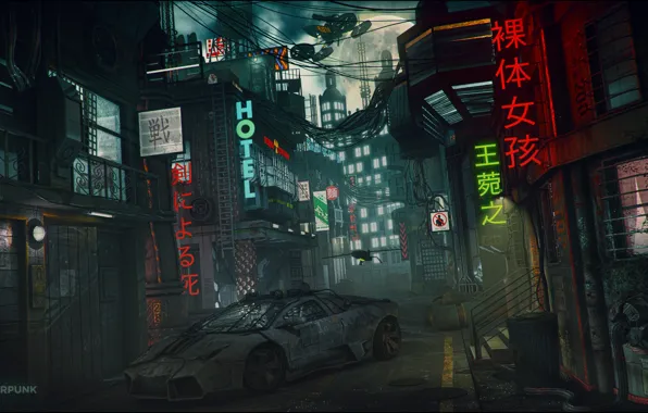 Picture night, the city, fiction, the moon, art, lane, lamborghini, cyberpunk