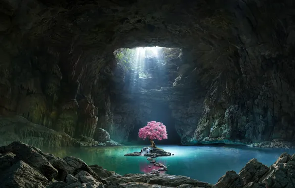 Tree, fantasy, art, the grotto, Olga Antonenko, ostovar, Mattepainting for "Klondike" game trailer