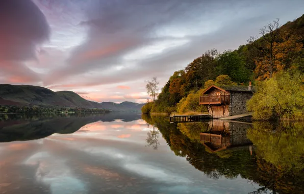 Autumn, lake, house