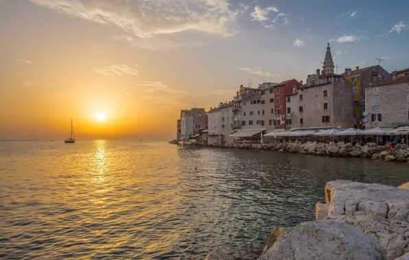 Sea, sunset, coast, building, home, yacht, Croatia, Istria
