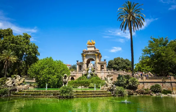 Pond, palm trees, sculpture, Spain, park, Barcelona, Barcelona, Spain