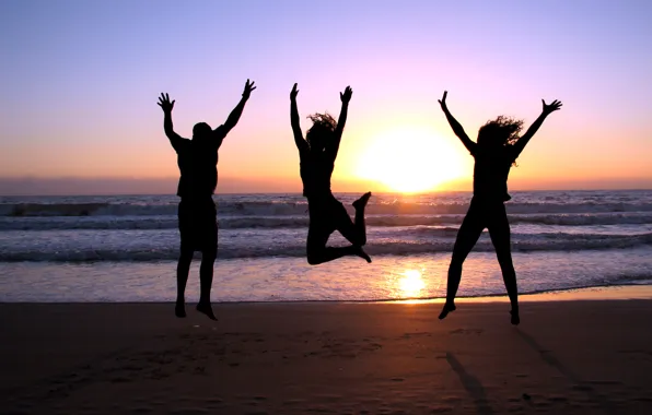 Sea, beach, joy, sunset, girls, jump, shore, guy