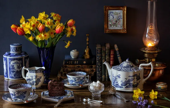 Picture flowers, style, tea, books, lamp, bouquet, kettle, Cup