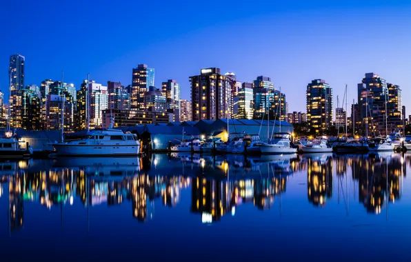 Night, the city, the ocean, building, Marina, yachts, skyscrapers, the evening