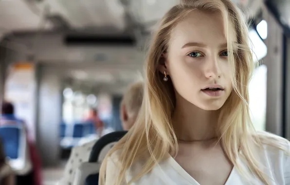 Look, model, portrait, makeup, hairstyle, blonde, in white, bokeh