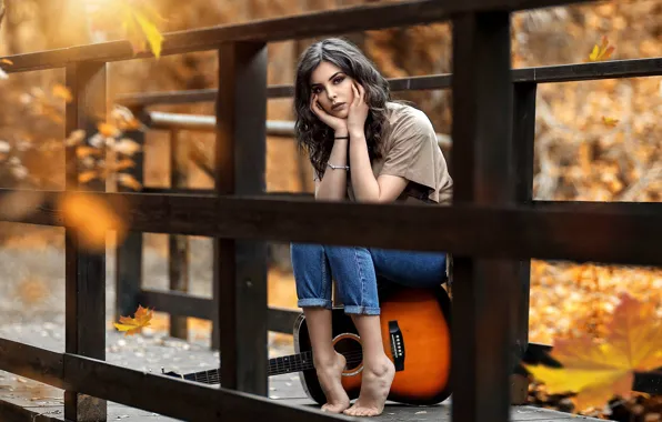 Autumn, leaves, girl, bridge, mood, guitar, Alessandro Di Cicco