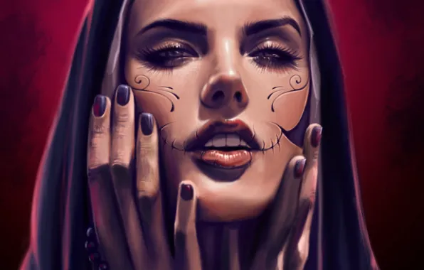 Picture girl, face, patterns, hands, art, rosary