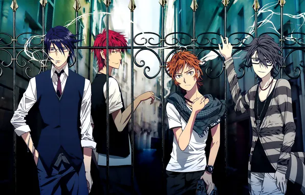 Smoke, the fence, guys, cigarette, K Project, Munakata Thigh, Suoh Mikoto, Yata Misaki