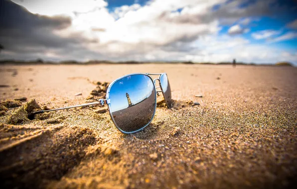 Picture sand, beach, clouds, lighthouse, shadow, mirror, glasses, sunlight