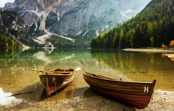 Forest, mountains, nature, lake, shore, boats