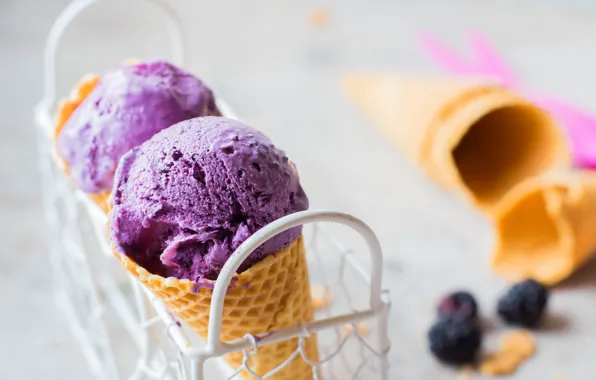 Picture blueberries, ice cream, dessert, waffle cone