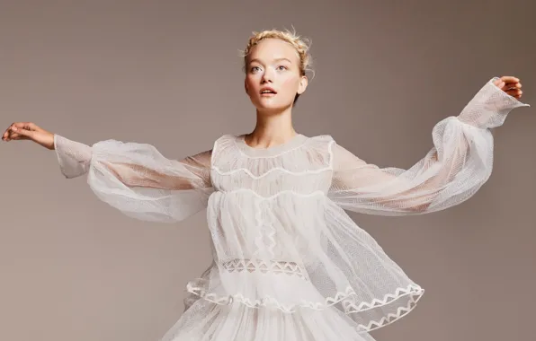 Pose, model, makeup, dress, hairstyle, blonde, in white, photoshoot