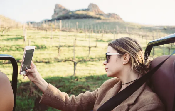 Field, auto, landscape, model, actress, glasses, hairstyle, coat