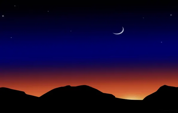 Picture stars, mountains, night, the moon, vector, a month, silhouette, glow