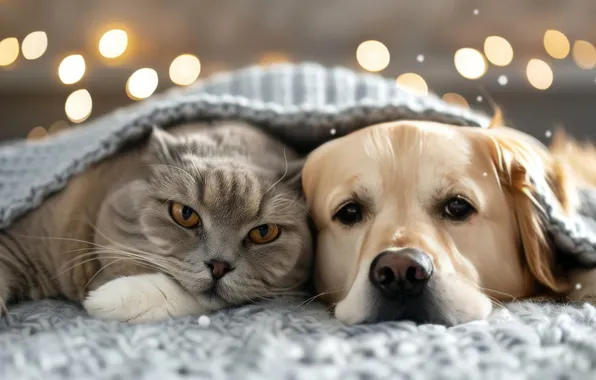 Cat, cat, look, comfort, together, dog, plaid, a couple