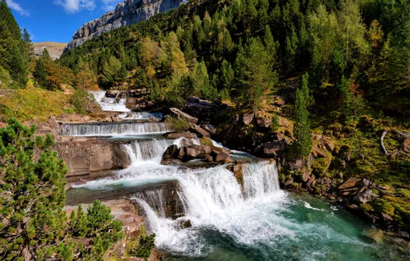 Wallpaper Spain, mountains, waterfall, Ordesa Valley, Huesca, trees, forest, the sun
