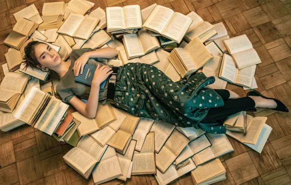 Look, girl, pose, books, lies, on the floor, Anna Pagota