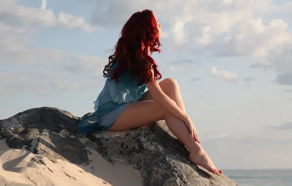 Picture sea, the sky, girl, clouds, legs, sitting, red hair