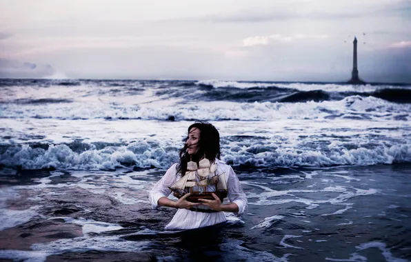 Sea, wave, girl, mood, lighthouse, boat