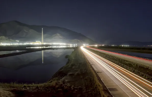 Road, night, lights, Utah, The great salt lake