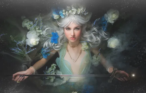 Flowers, sword, blonde, girl, style