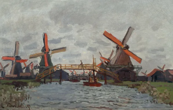 Landscape, picture, Claude Monet, Windmills near Zaandam