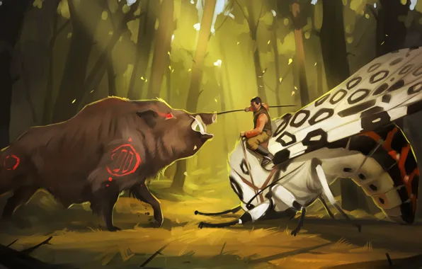 Forest, butterfly, people, battle, art, spear, boar