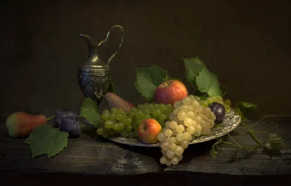 Leaves, metal, green, table, apples, Board, grapes, dishes