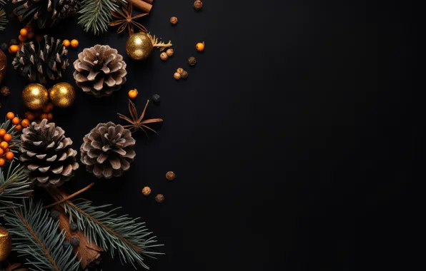 Balls, branches, berries, the dark background, fruit, Christmas, New year, black background