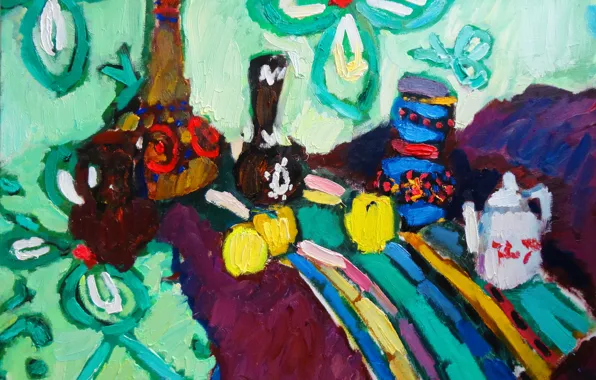 Apples, chamomile, still life, 2012, striped fabric, The petyaev