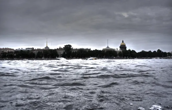 Wave, water, river, Saint Petersburg, Cathedral, Neva, Isaac, HDR. spires