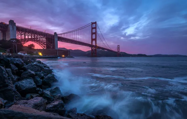 Picture landscape, sunset, bridge, Strait, stones, CA, surf, San Francisco