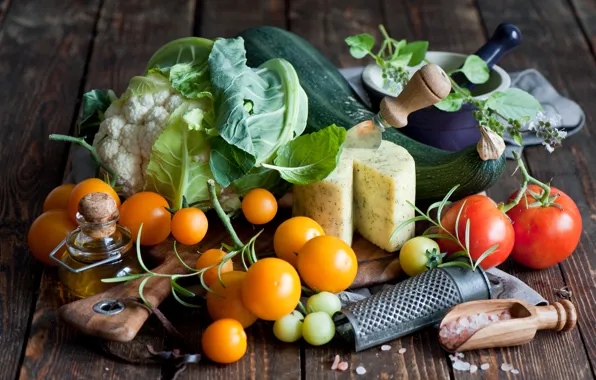 Picture oil, cheese, vegetables, tomatoes, cabbage, broccoli, salt, Anna Verdina