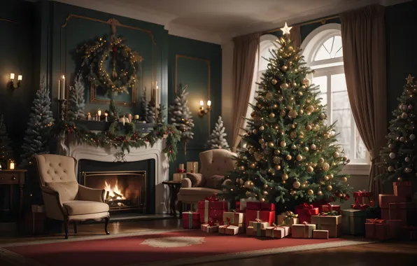 Decoration, room, balls, tree, interior, New Year, Christmas, gifts