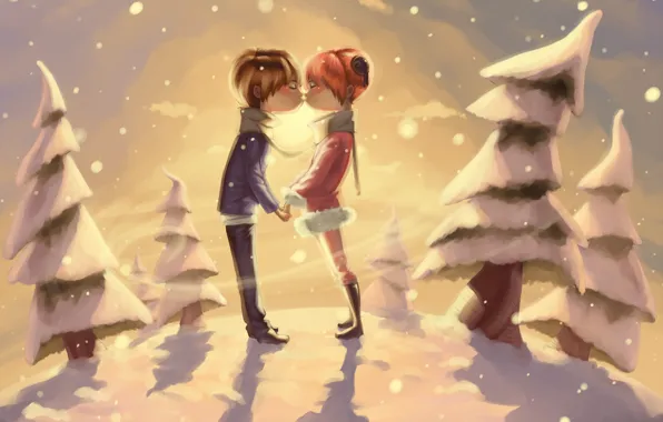 Picture winter, snow, trees, romance, kiss, pair