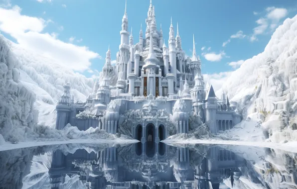 Winter, frost, clouds, snow, trees, mountains, reflection, castle
