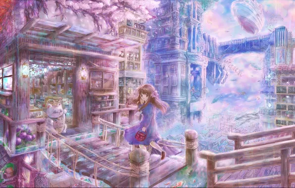 Picture water, bridge, the city, fiction, ship, fish, art, girl