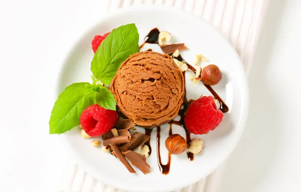 Picture raspberry, chocolate, ice cream, nuts, mint