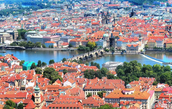Roof, tower, home, Prague, Czech Republic, panorama, Charles bridge, the Vltava river