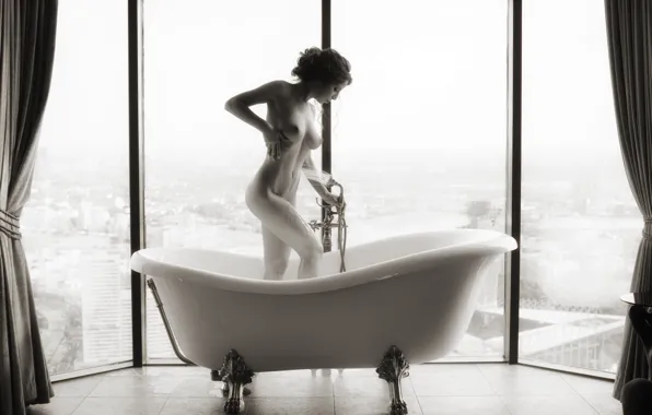 Girl, naked, window, shower, bathroom