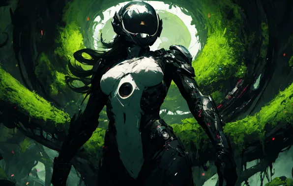 Girl, fiction, costume, helmet, green
