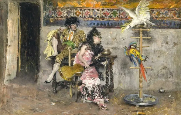 Picture, genre, Giovanni Boldini, Couple in Spanish dress with Two Parrots