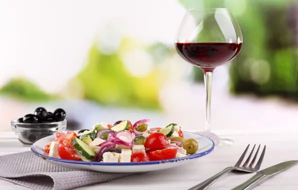 Picture wine, glass, food, plug, olives, napkin, salad, appetizer