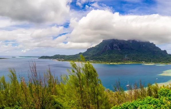 Picture sea, clouds, mountains, tropics, coast, panorama, Bora Bora, French Polynesia