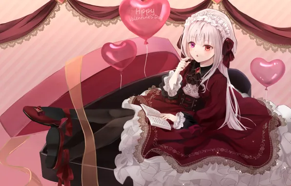 Girl, box, chocolate, hearts, balloons, Happy Valentines Day