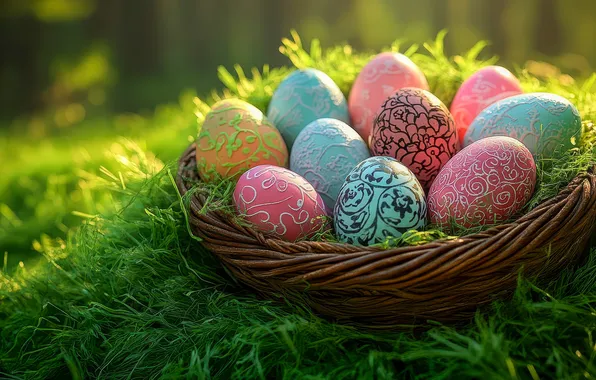 Greens, grass, light, nature, holiday, pattern, glade, eggs